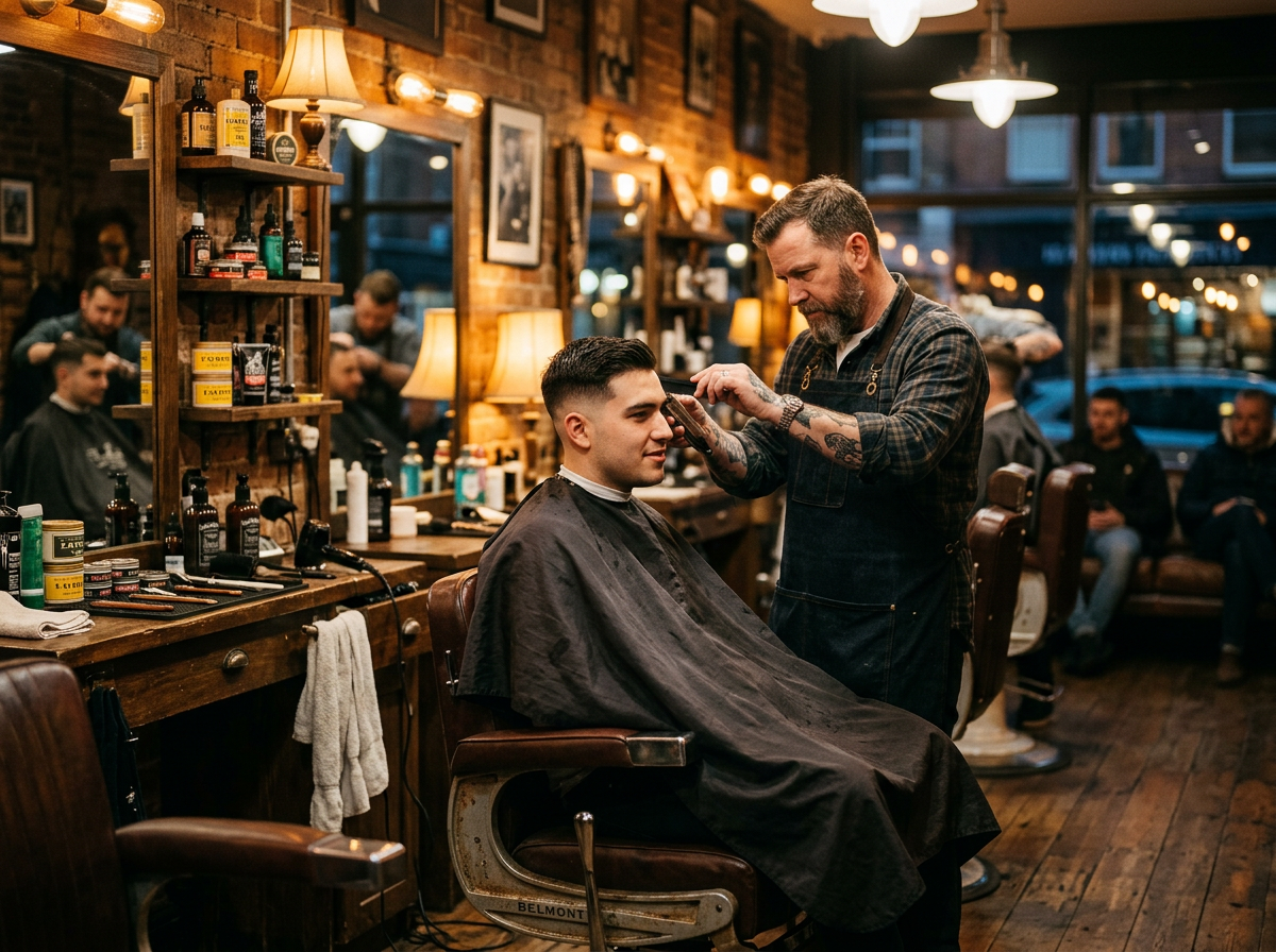 Barber specialist giving a clean fade haircut in a warm, well-lit barbershop with leather chairs