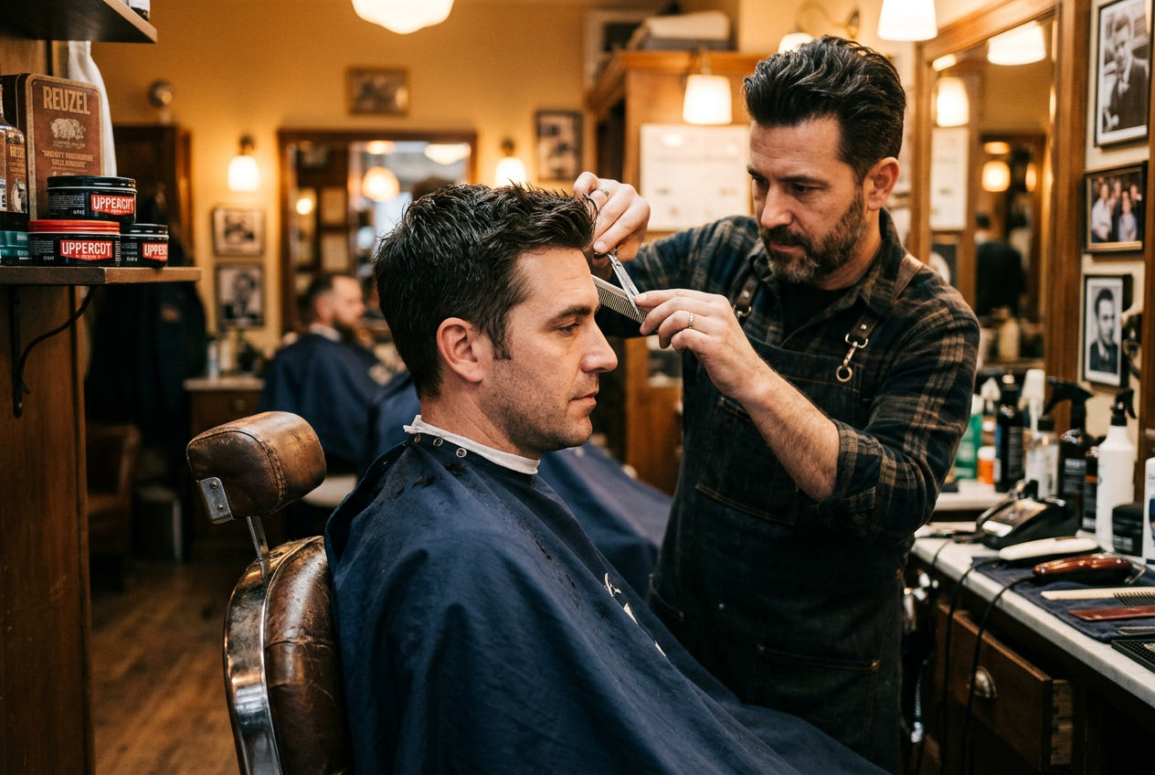 Classic men's haircut being styled with scissors at a barbershop