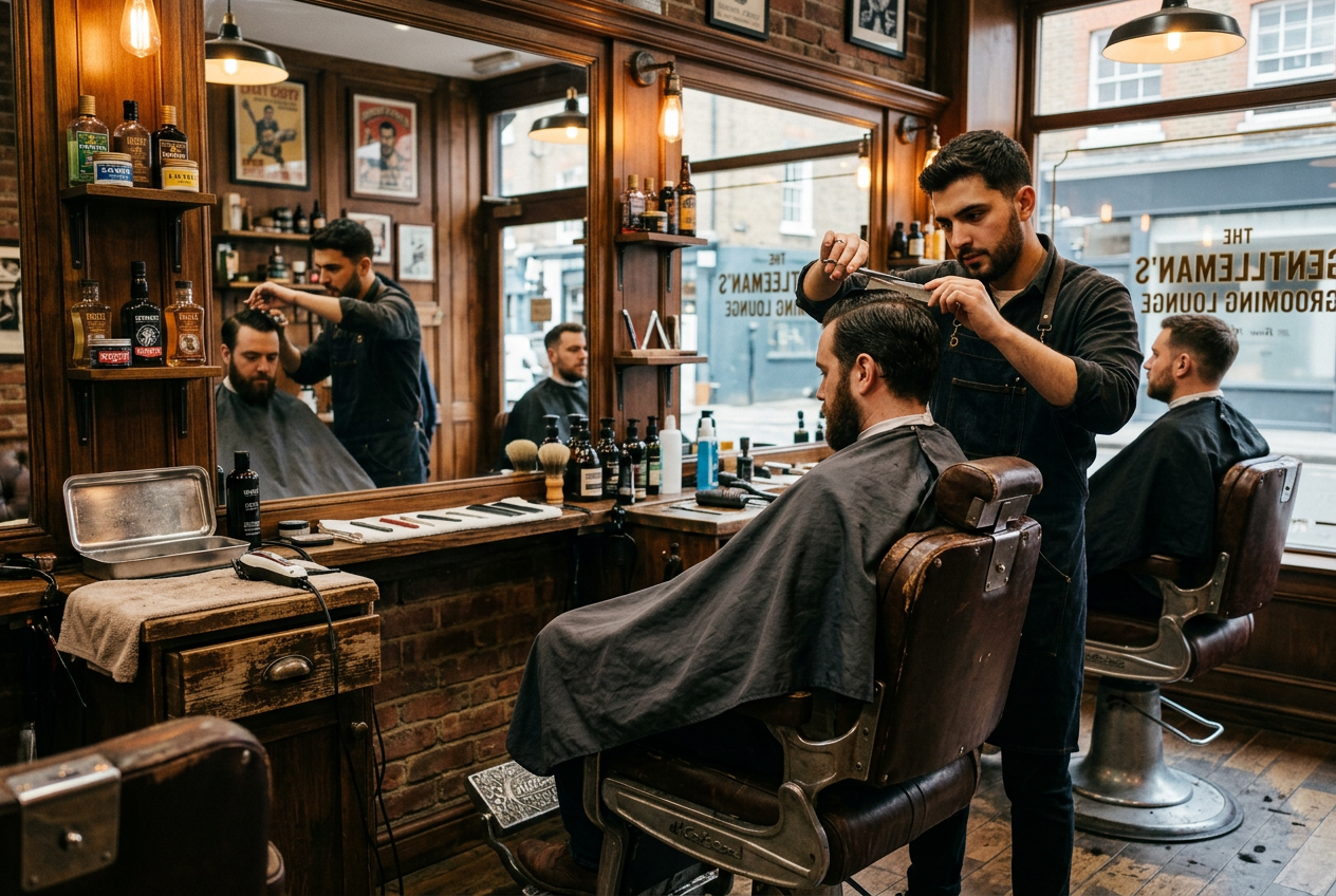 Full barbershop session with haircut and beard trim