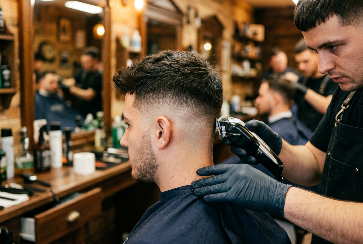 Clean skin fade haircut on a male client at a barbershop